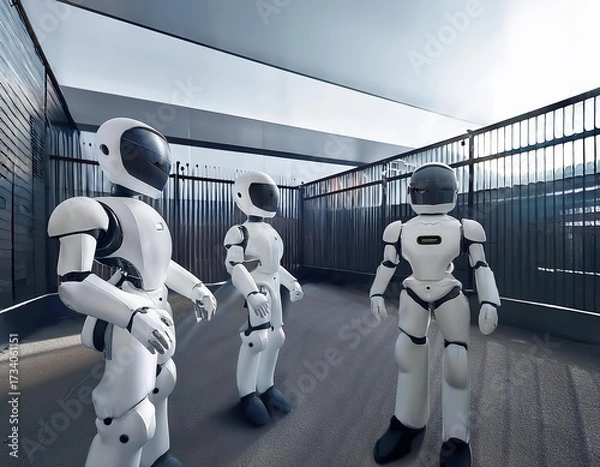 Fototapeta Group of android robots standing inside a fenced area