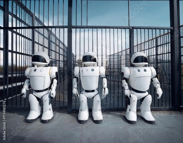 Fototapeta Humanoid robots in confinement behind metal bars