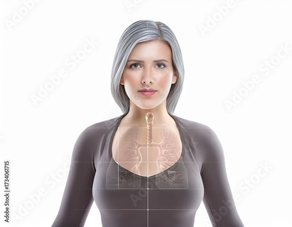 Fototapeta Woman displaying respiratory system and lungs scanning internally