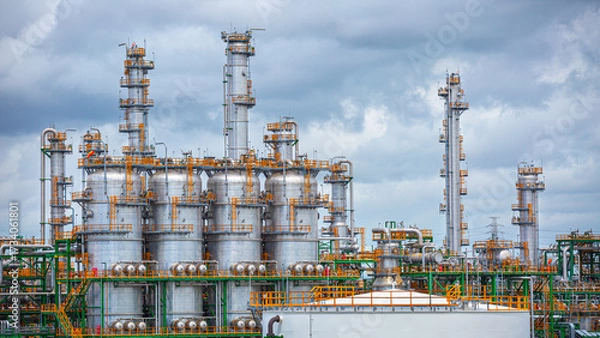 Fototapeta Landscape view of a modern oil refinery or chemical plant with a large process area, symbolizing industrial development,