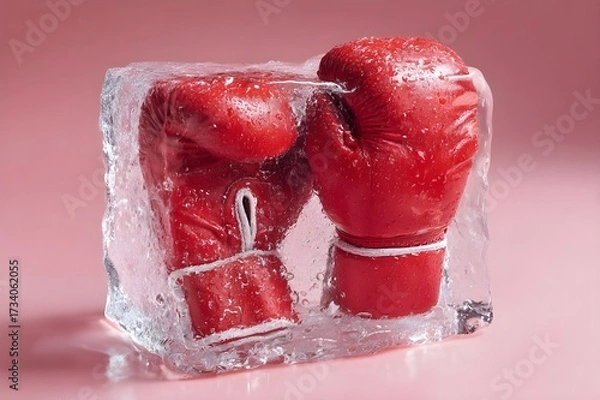 Fototapeta Image of frozen red boxing gloves encased in ice cubes, on a pink background, with cinematic lighting and pastel tones, hyperrealistic image