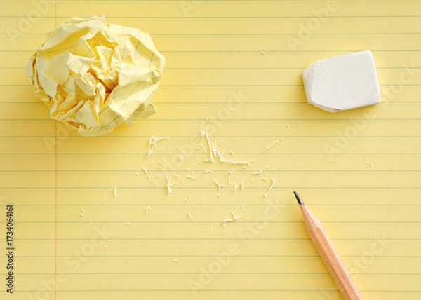 Fototapeta Crumpled paper, eraser and pencil on yellow legal pad showing brainstorming and editing process