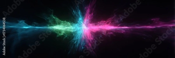 Fototapeta Vibrant abstract illustration of a dynamic energy explosion with pink, blue, and green smoke like waves colliding on a dark background.