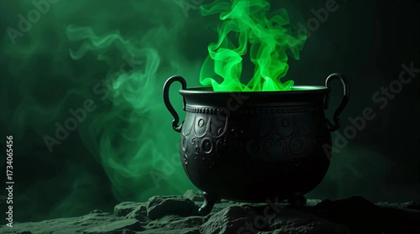 Fototapeta Cauldron with glowing green potion on dark foggy background