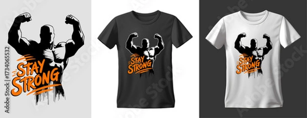 Fototapeta T-shirt print of a muscular athletic man with the inscription Stay Strong. Ready to print on t shirts, mug and all of print items. Vector vintage illustration. T-Shirt design template.