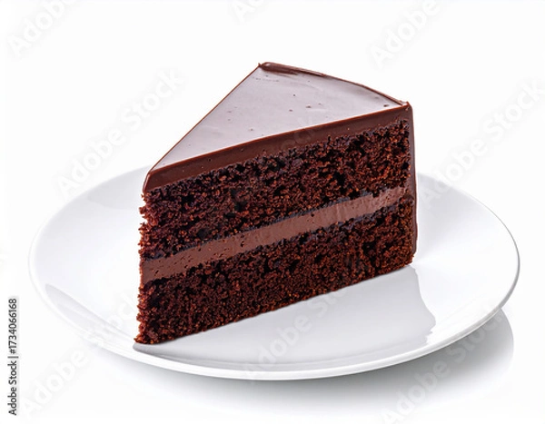 Fototapeta Chocolate Cake Slice on White Plate with Full View and Sharp Detail	