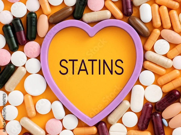 Fototapeta Statins written inside a heart shape surrounded by colorful pills