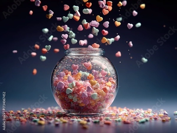 Fototapeta 3D render of glass vase with falling candy hearts, dark background, wide-angle product visual