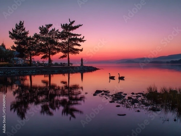 Fototapeta Pink and purple sky at dusk reflecting on calm lake, trees geese statue serene nature sunset
