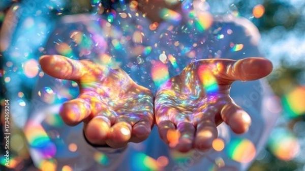 Fototapeta Enchanting Glowing Prism Sprite with Rainbow Light Bokeh and Little Reaching Hands - Modern Fantasy Concept Design