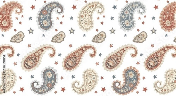 Obraz Elegant Paisley Pattern with Stars on White Background Seamless Repeat for Textile Design
