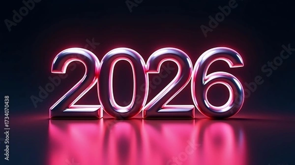 Fototapeta Silver Metallic 2026 Numbers with Neon Edge Light – Minimal Futuristic New Year Calendar Design