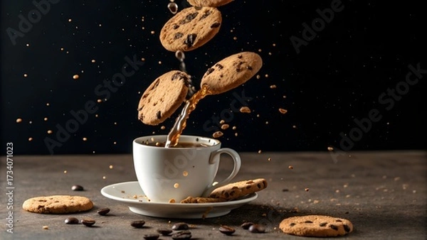 Fototapeta Generated image: A surreal shot of a coffee cup pouring liquid upwards into a floating cookies in zero gravity.
