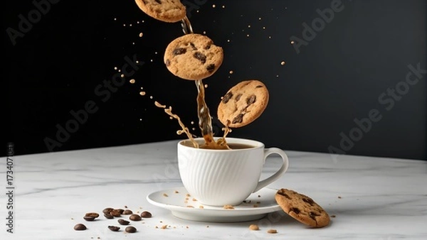 Fototapeta Generated image: A surreal shot of a coffee cup pouring liquid upwards into a floating cookies in zero gravity.
