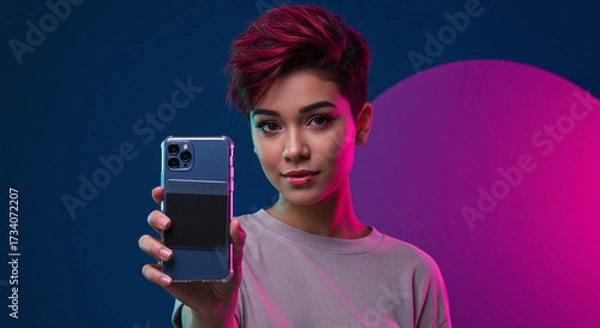 Fototapeta Stylish woman showcasing new phone with card holder against a vibrant backdrop, a modern lifestyle choice for on-the-go convenience and digital payments