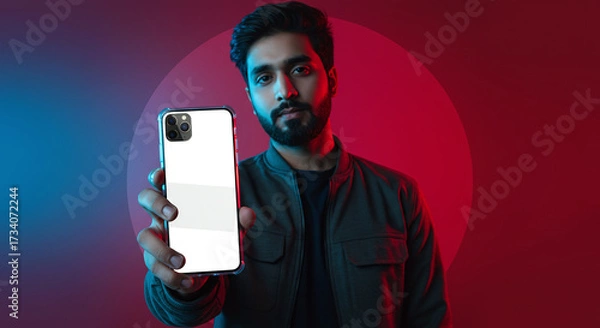 Fototapeta Modern confident man presenting new smartphone app with sleek design and vibrant screen, perfect for showcasing mobile technology and digital lifestyle