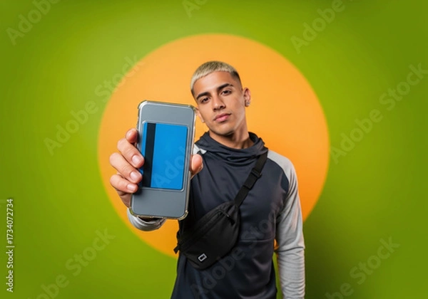 Obraz Modern young man holding phone with credit card, showcasing mobile payments and secure digital banking for a seamless, on-the-go lifestyle