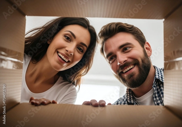 Obraz Excited couple unpacking delivery with anticipation and joy, looking into the box with happy expressions ready for new adventures together