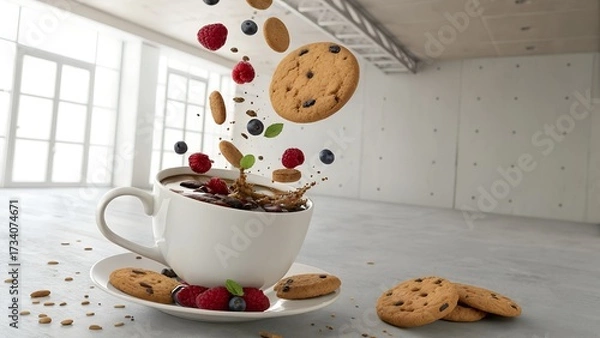 Fototapeta Generated Image: A surreal shot of a coffee cup liquid upwards into a floating cookies and berries in zero gravity.
