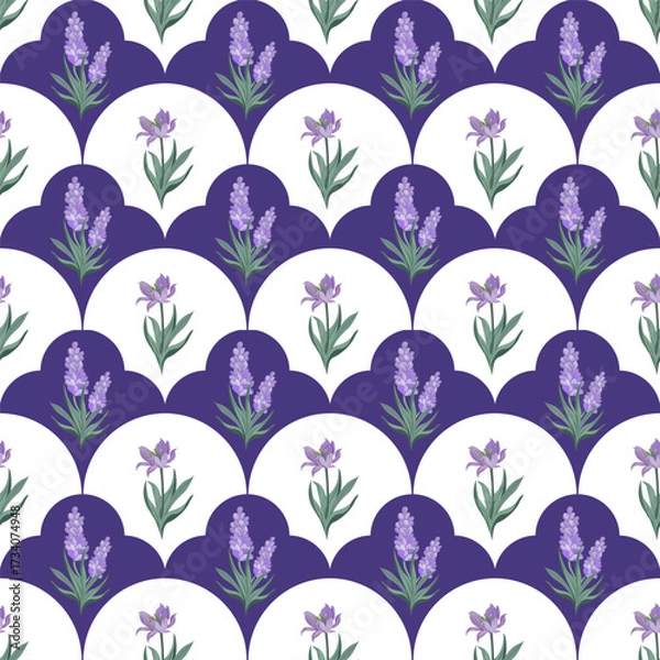 Fototapeta Seamless floral vector pattern featuring lavender and iris flowers in alternating purple and white geometric backgrounds, perfect for textiles, wallpapers, packaging, and decorative design projects.