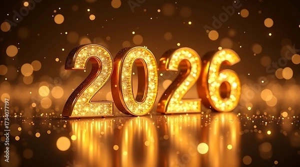 Fototapeta Glowing Golden 2026 Numbers with Sparkling Bokeh – Elegant Luxury Holiday Background