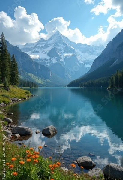 Fototapeta Serene Lake Reflection Snow-Capped Mountains Tranquil Nature View Wilderness Scenic Landscape