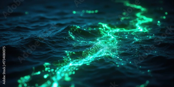 Fototapeta Bioluminescent Water Ripples with Glowing Green and Blue Trails A tranquil and surreal abstract background featuring glowing bioluminescent waves rippling