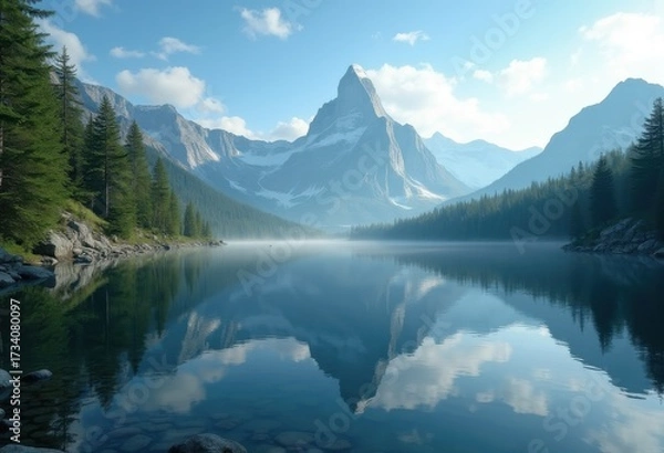 Fototapeta Serene Mountain Peak Reflection in Crystal Clear Tranquil Lake Surrounded by Lush Greenery and Untouched Wilderness