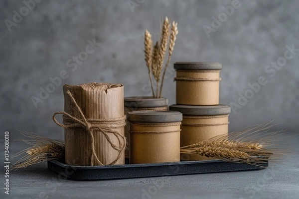 Obraz Craft paper containers and wrapped object on tray