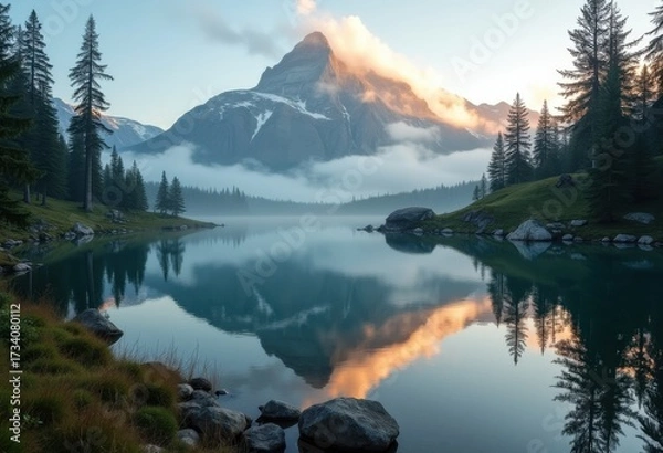 Fototapeta Serene Mountain Peak Reflection in Mirror-Like Tranquil Lake at Dawn