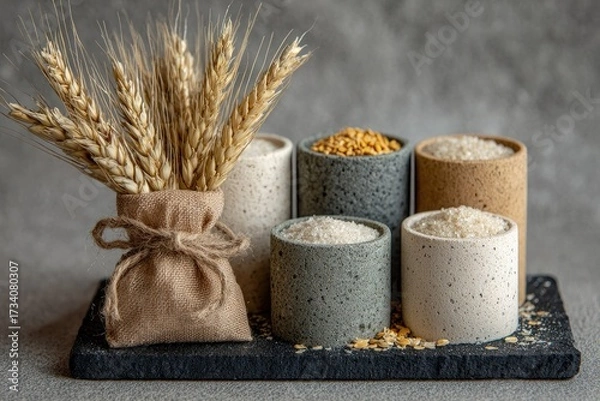 Fototapeta Small ceramic bowls filled with various grains, and wheat stalks in a burlap bag, on a dark slate tray