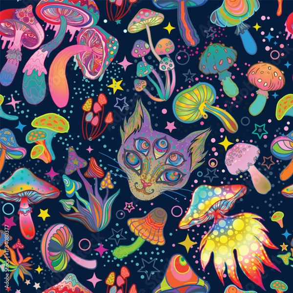 Fototapeta Magic mushrooms and galaxy cat seamless pattern. Psychedelic 60s hippie colorful art. Vintage psychedelic textile, fabric, wrapping, wallpaper. Vector repeating illustration.