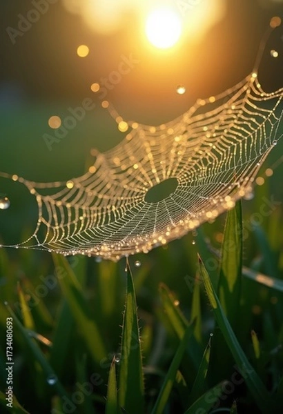 Fototapeta Stunning Close-Up of Dew-Covered Spiderweb at Morning Light with Crystal Clear Droplets Reflecting Nature's Beauty