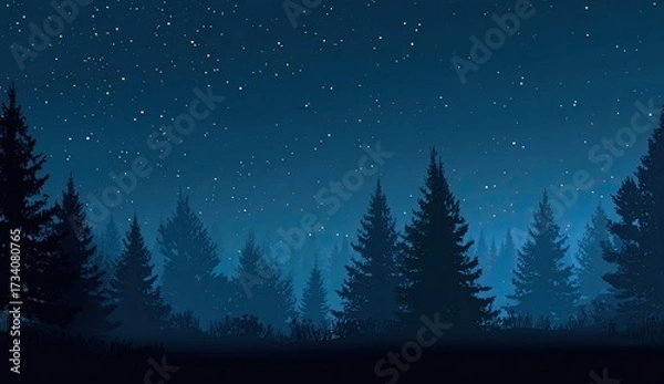 Fototapeta Silhouetted pine trees in a dark night forest, starry sky