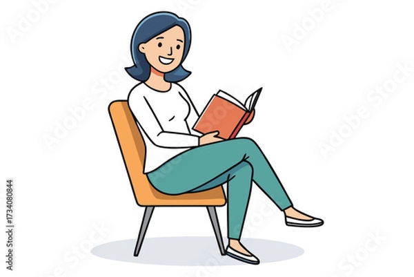 Fototapeta A woman with short dark hair is sitting in a chair and reading a book isolated on white background she looks happy and relaxed
