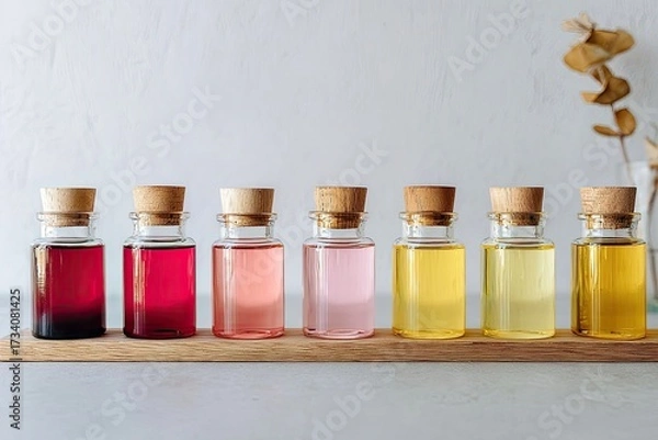 Fototapeta Small glass bottles with colored liquids, cork tops, on a wooden tray
