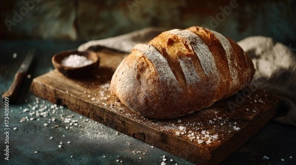 Fototapeta Rustic loaf of artisan bread on a wooden board