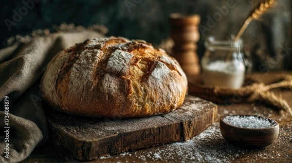 Fototapeta Rustic loaf of bread on wooden board, dusted with flour