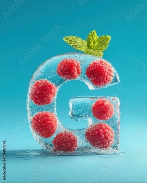 Fototapeta Elegant ice sculpture with vibrant red raspberries and fresh mint leaves showcasing creative craftsmanship modern design and artistic visual appeal for decorative display