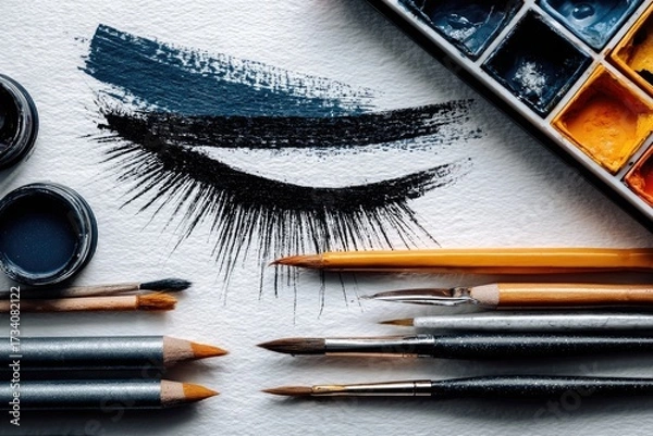 Fototapeta Eye makeup artistry supplies.  A close-up of various artistic tools, including brushes, pencils, and paints. A painted eye is visible on the white paper