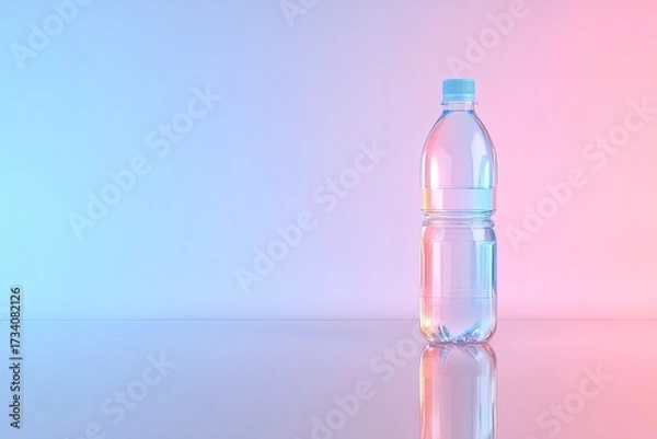 Fototapeta A clear plastic water bottle, subtly lit by a gradient of light blue and pink hues, sits on a reflective surface