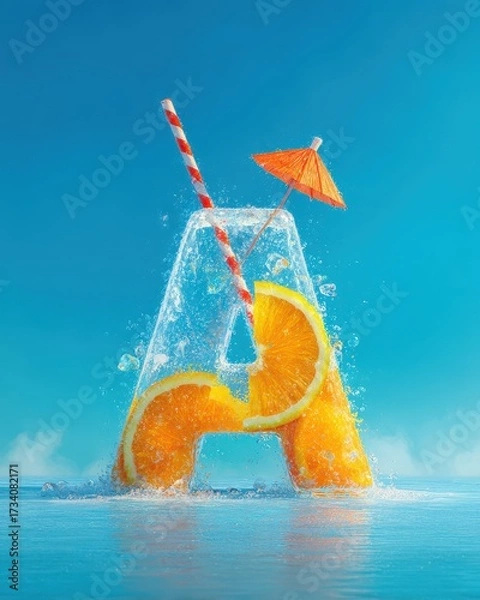 Fototapeta Vibrant summer beach scene with refreshing citrus cocktail featuring lemon and orange slices umbrella straw water splash and bright outdoor scenery for vacation and leisure
