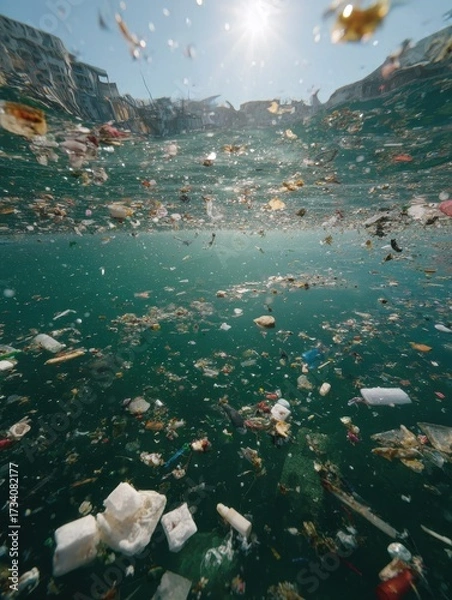 Fototapeta Environmental Pollution in Water Bodies with Floating Trash and Debris Causing Damage to Ecosystems and Human Health Urgent Need for Cleanup and Prevention