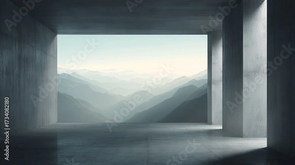 Fototapeta A concrete room with an open window frames a serene view of misty mountain ranges under a soft morning sky