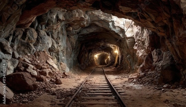 Fototapeta A long tunnel, railway tracks stretch into the light
