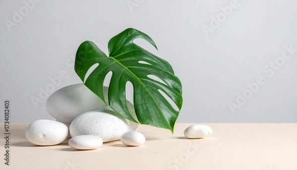 Fototapeta Minimalist Still Life with Monstera Leaf and White Pebbles on Neutral Background