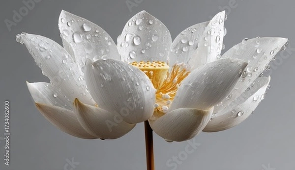 Fototapeta Close-up of a pristine white lotus flower, glistening with water droplets (1)