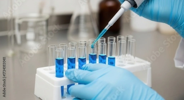 Fototapeta A gloved hand uses a pipette to dispense blue liquid into test tubes arranged in a white rack on a laboratory bench with blurred glassware in the background