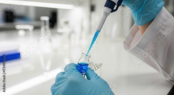 Fototapeta A gloved hand uses a pipette to transfer blue liquid into a small glass vial in a bright laboratory setting