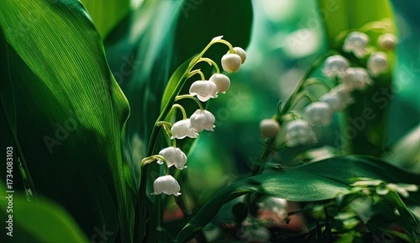 Obraz Delicate white flowers, lily of the valley,  with lush green foliage. Sunlight highlights the blossoms